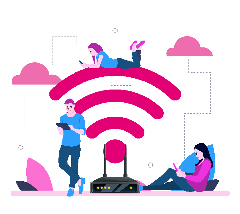 An animated man standing and using a phone, one girl sitting and using a mobile, and another girl lying on pink-colored signals emanating from a centrally placed NBN modem.